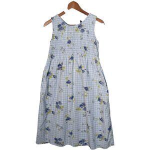 Vintage April Cornell Blue Plaid Floral Midi Dress Cottagecore Peasant  XXS